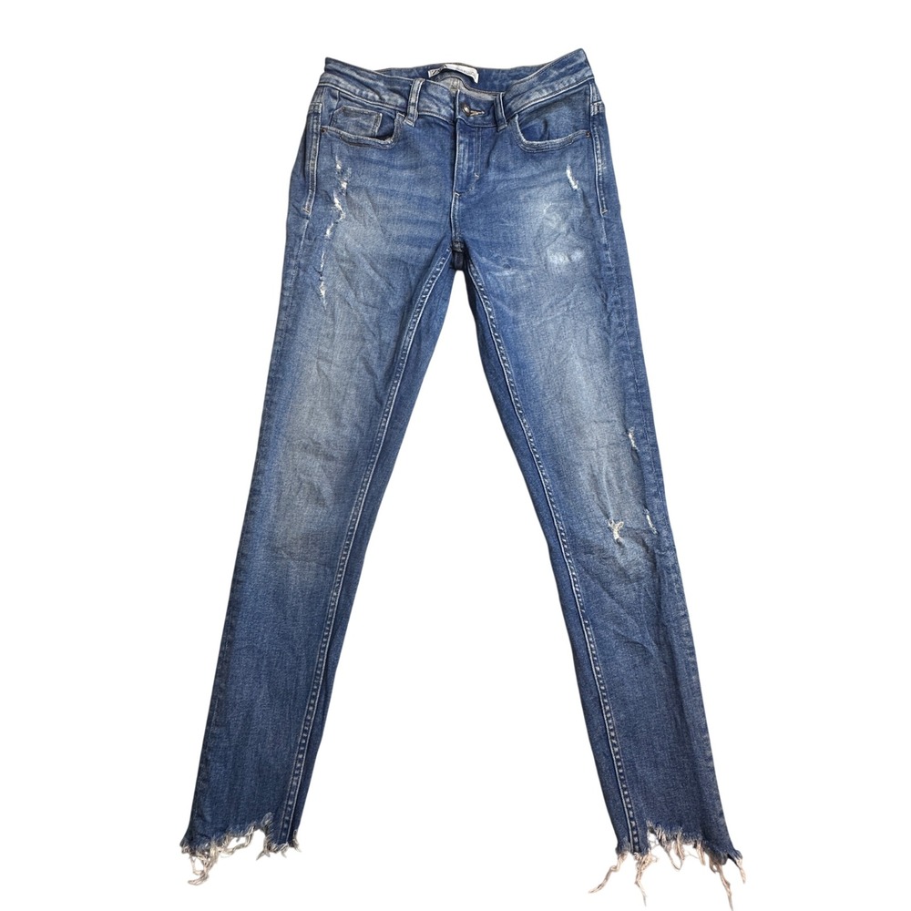 Zara Skinny Jeans Womens 4 Medium‎ Wash Blue Denim Distressed Raw Hem Low Rise